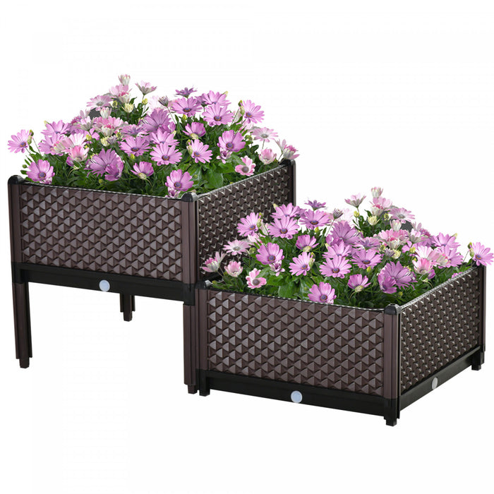 Outsunny Lot De 2 Jardinieres Sur Pieds Carre Potager 2 Etages Insert D'irrigation Inclus Plastique Brun