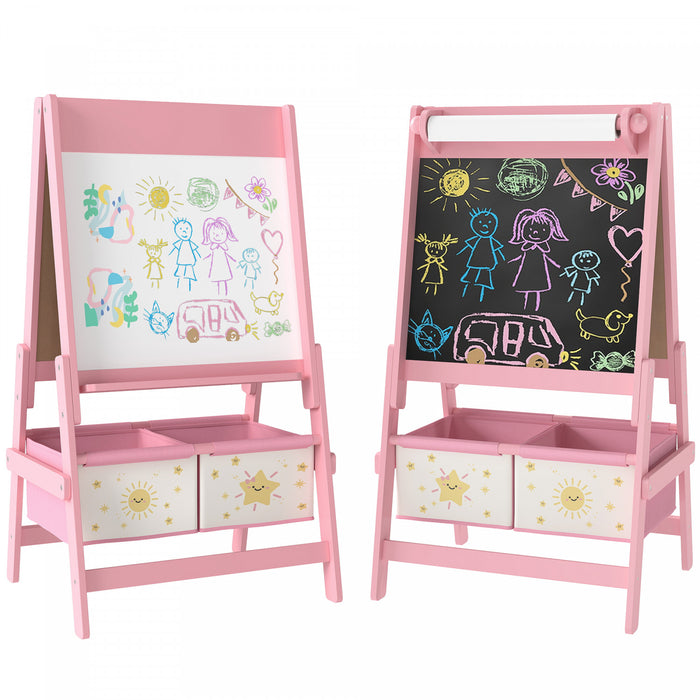 Qaba Chevalet D'art Pour Enfants, Double Face Avec Rouleau De Papier, Rose