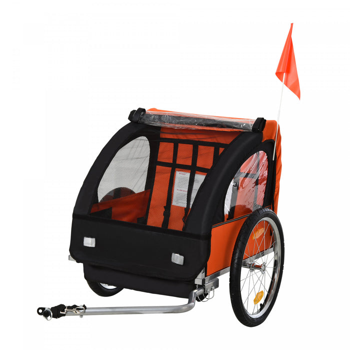 Aosom Remorque Velo 2 Places Pour Enfants Avec Cadre En Acier Solide, Harnais De Securite 5 Points Et Siege Confortable, Orange