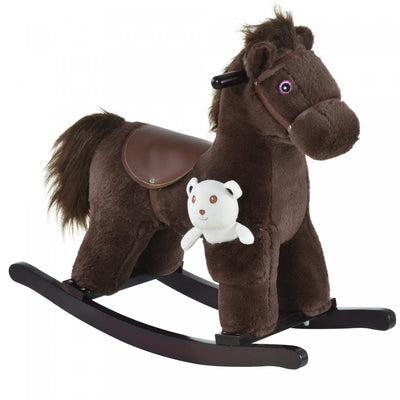 Qaba Kids Plush Ride-on Rocking Horse With Bear Toy, Children Chair With Soft Plush Toy & Fun Realis|Qaba Kids Cheval A Bascule En Peluche Avec Ours, Chaise Pour Enfants Avec Peluche Douce Et Sons Real