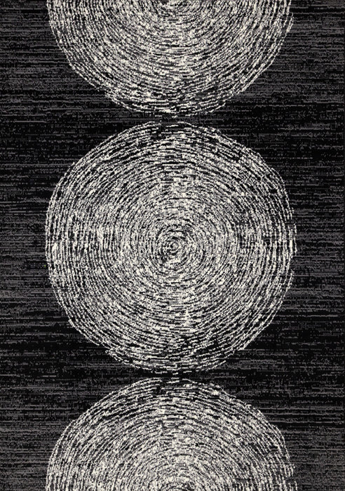 Tapis Florence noir, gris et blanc a motif d'anneaux d'arbre, 7'9\" x 10'6\"