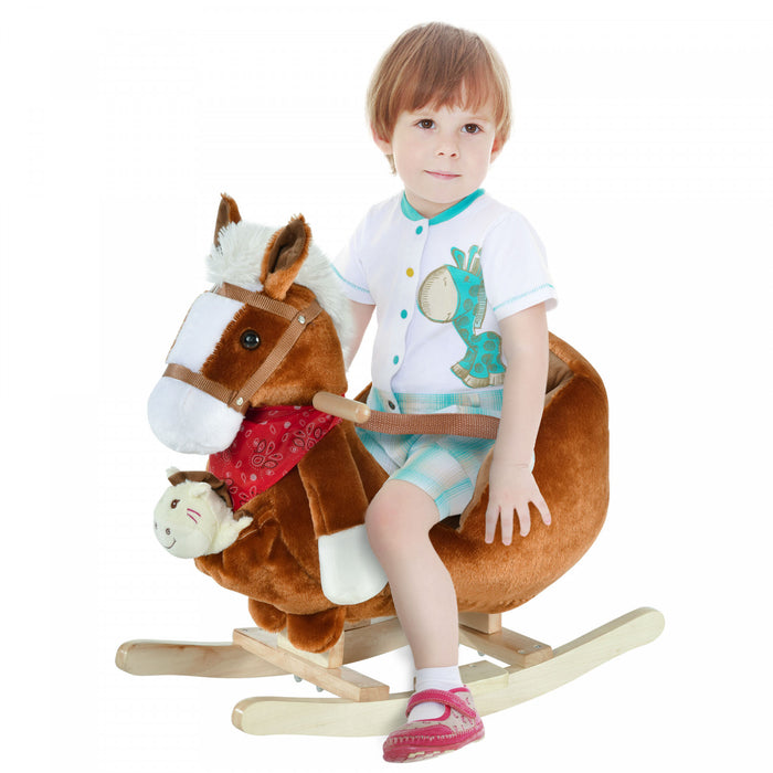 Qaba Cheval A Bascule Avec Chanson Poignee Marionnette A Main Jouet Traditionnel Cadeau Pour Enfants 18-36 Mois Jouet A Bascule Pour Tout-petit Marron