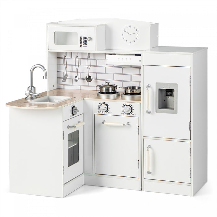 Ensemble De Jeu De Cuisine Pour Enfants D’angle, Cuisine De Jeu En Bois Avec Evier, Cuisiniere, Hotte, Refrigerateur Separe, Distributeur D'eau, Ustensiles De Cuisine, Cuisine De Jeu De Chef En Bois Pour Les Tout-petits, Blanc
