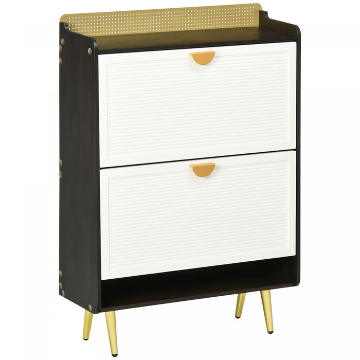 HOMCOM Armoire a Chaussures 2 Tiroirs Rabattables Porte Bambou Blanc