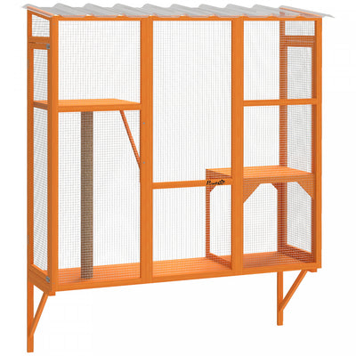 PawHut Catio Outdoor Cat Enclosure, Cat Window Box for 2-3 Cats with 2 Jumping Platforms & Scratching Post, Expendable Secure Window Perch House for Large Indoor Cats, Orange