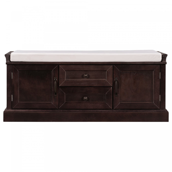 Banc De Rangement Boyce En Bois Massif Avec Meuble A Chaussures 4 Portes Et Coussin, Espresso