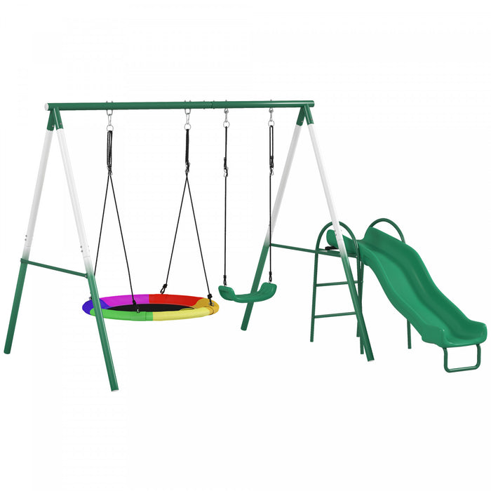 Qaba Portique en metal avec toboggan, balancoire robuste, vert fonce