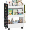 Qaba Bibliotheque pour Enfant avec Roulettes, Presentoir de Livres Recto-Verso avec Tableau Noir, Rangement de Jouets pour Creche, Salle de Jeu, Classe, pour 3 a 8 Ans, Blanc