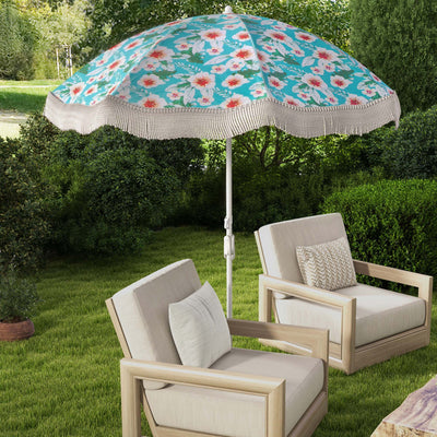 Goplus 6.5 FT Outdoor Fringe Patio Umbrella with Carrying Bag Push Button Tilt for Garden Green