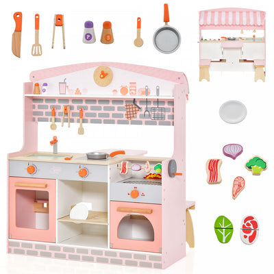 Costway 2 In 1 Kids Play Kitchen & Restaurant Double-sided Pretend Playset With Canopy