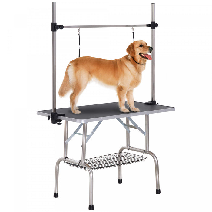 Pawhut Table De Toilettage Reglable Pour Chien Dessus En Caoutchouc 2 Elingues De Securite Panier De Rangement En Maille Heavy Metal Noir 42.25\"l X 23.5\"l X 67\"h