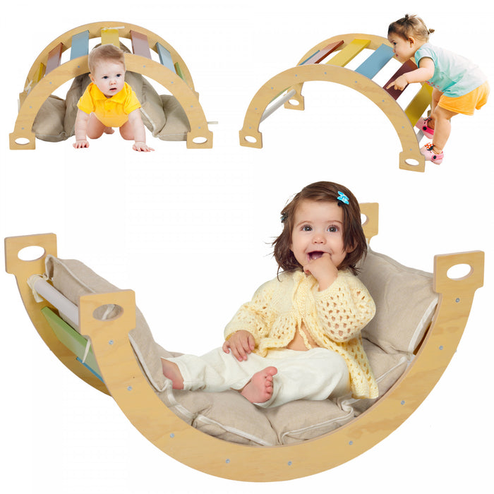 Qaba 3 En 1 Jouet D'escalade Pour Les Enfants En Bas Age, Jouet D'escalade En Bois, Jouet A Bascule Arc-en-ciel Avec Coussin, Jouet D'escalade D'interieur Pour Les Enfants