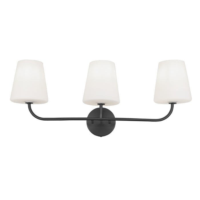 Lumière de coiffeuse Eleanor de Dainolite en verre blanc opale, avec fini noir mat et 3 ampoules