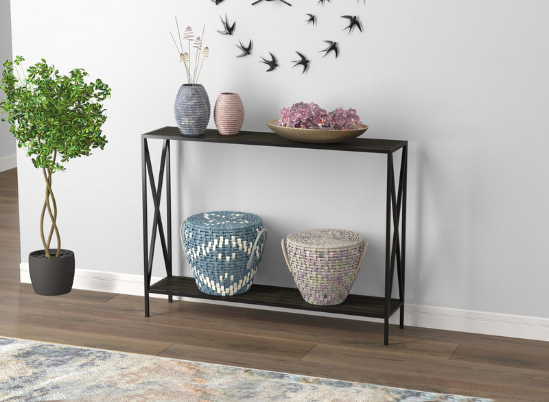 Console de 40 po avec 1 tablette - bois gris foncé et base en métal noir