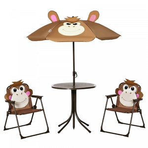 Outsunny Ensemble Table Et Chaises De Pique-nique Pour Enfants, Meubles De Jardin Pliants D'exterieur, Pour Terrasse, Arriere-cour, Avec Motif De Singe, Parasol Amovible Et Reglable En Hauteur