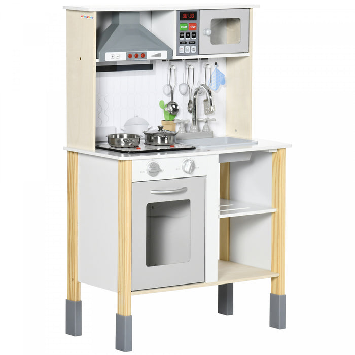 Qaba Jeu De Cuisine En Bois Avec Sons Et Lumieres Realistes, Jeu De Cuisine Pour Enfants A Hauteur Reglable Avec Micro-ondes, Hotte Aspirante, Accessoires De Cuisine, Cadeau Pour Les 3-6 Ans, Blanc.