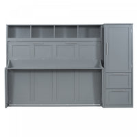 Lit Mural Escamotable Dennis En Bois Composite, Taille Double, Avec Etageres Et Tiroirs - Gris