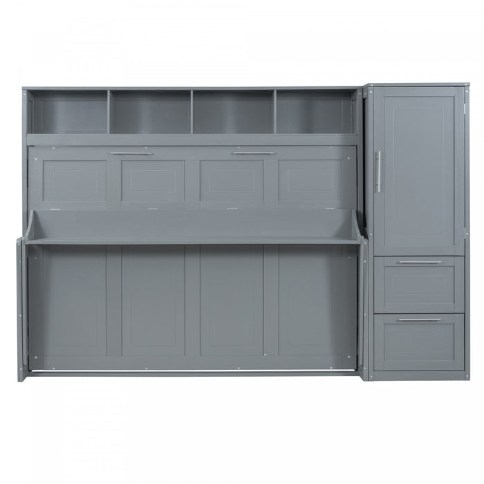 Lit Mural Escamotable Dennis En Bois Composite, Taille Double, Avec Etageres Et Tiroirs, Gris