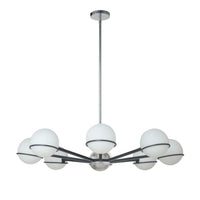 Lustre Sofia de Dainolite en verre blanc opale, avec fini noir mat et chromé poli et 8 ampoules