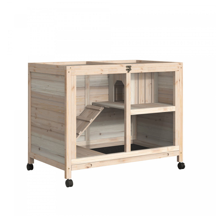 Pawhut Clapier En Bois Massif Pour Lapin Cage Pour Cochon D'inde Interieur Resistant A L'eau Petits Animaux Habitat Maison Avec Rampe Tiroir Plateau Roues Pivotantes A 360°, Bois Naturel