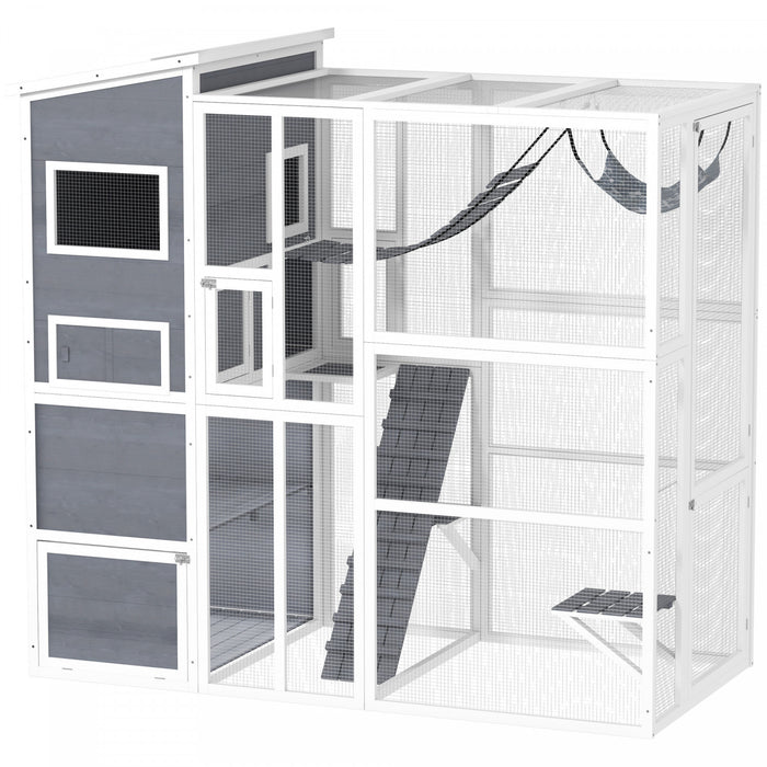 Pawhut Catio Enclos D'exterieur Pour Chat, 76\" De Long, Grande Maison Resistante Aux Intemperies Avec Plates-formes De Saut, Echelle, Rampes, Hamac Pour 2-3 Chats, Gris