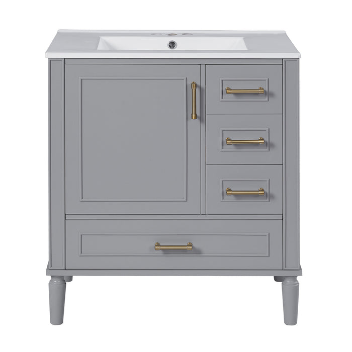 Emerson Meuble de salle de bain 30 pouces avec vasque en ceramique et trois tiroirs, Gris