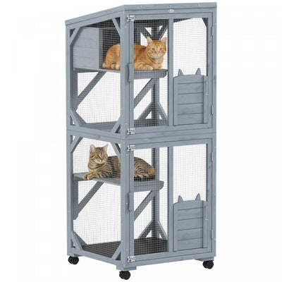 PawHut Catio Outdoor Cat Enclosure, Wooden Cat House on Exercise Wheels Indoor Outdoor, Kitty Cage with Resting Box, Waterproof Roof, for 2 Cats, 25.6" x 25.6" x 63", Dark Grey