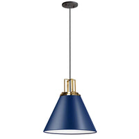 Luminaire suspendu Sonus de Dainolite avec fini bleu cobalt, touches laiton vieilli et 1 ampoule