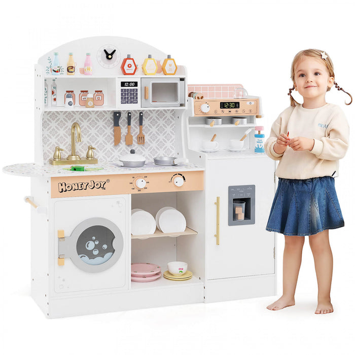 Honeyjoy Jeu De Cuisine Pour Enfants Jeu De Cuisine En Bois Avec Horloge, Micro-ondes, Evier, Plateau Blanc