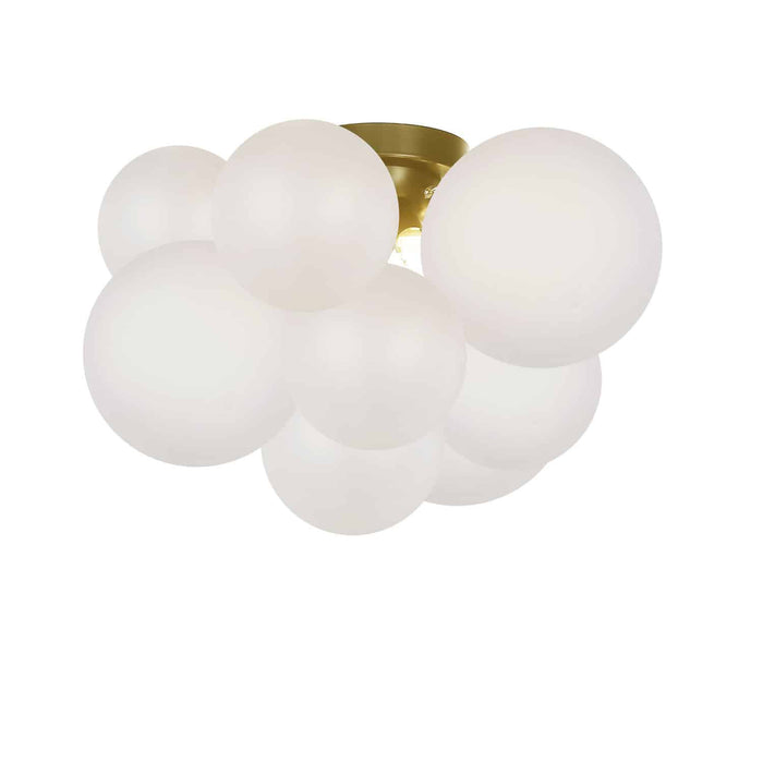 Plafonnier affleuré Miles de Dainolite en verre blanc givré, avec fini laiton vieilli et 3 ampoules