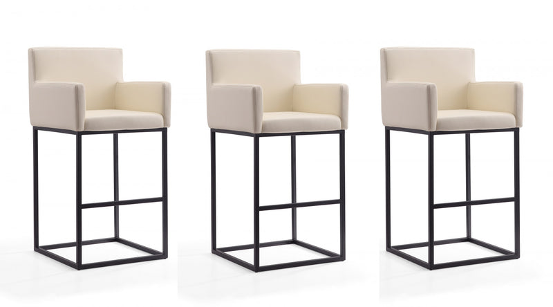 Tabouret de bar rembourre en metal style mid-century modern Ambassador, creme - Lot de 3