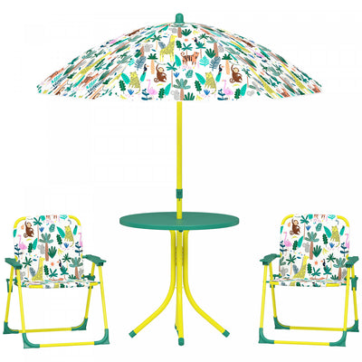 Qaba Kids Picnic Table, Kids Table and Chair Set with 2 Folding Chairs and Removable Umbrella, Jungle Theme Portable Children Outdoor Furniture for Backyard, Garden, Patio, Green