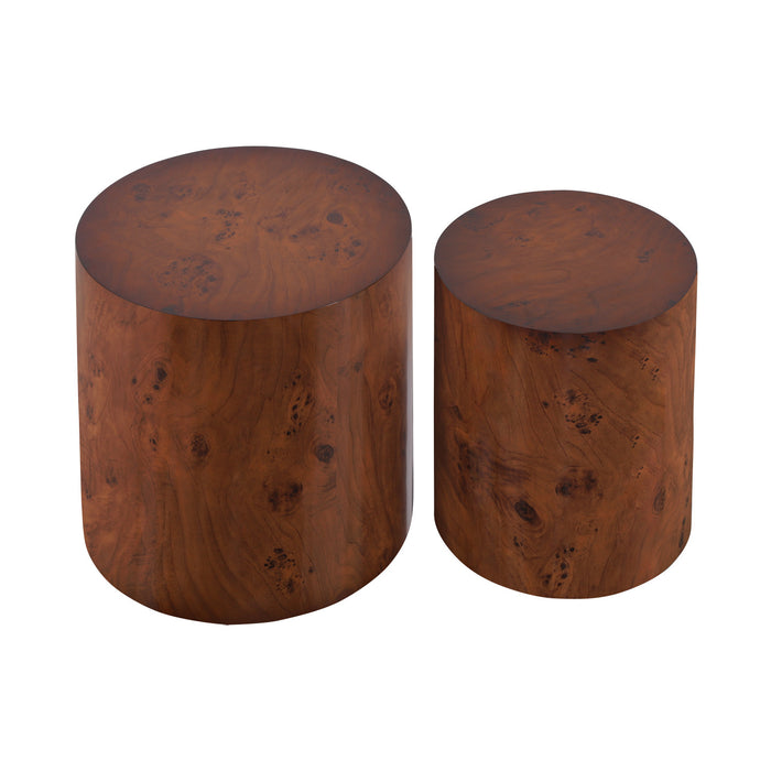 Ensemble de 2 tables basses rondes gigognes Kinley, tables d'appoint cylindriques placage bois, brun
