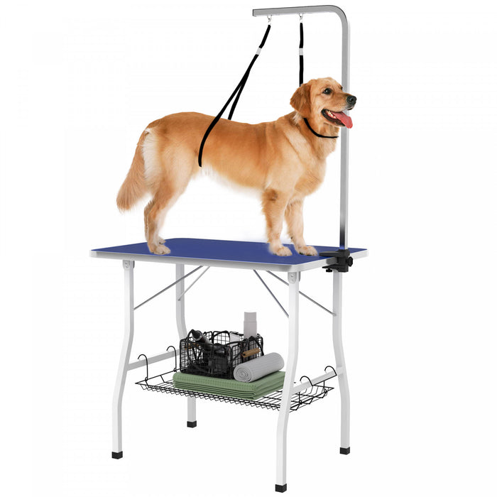 Pawhut Table De Toilettage Pour Chien Avec Bras Reglable, Table De Toilettage Pliable Avec Plateau En Maille, Deux Nœuds, Surface En Caoutchouc, 35\" X 24\" X 30\", Bleu
