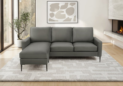 Upholstered Chaise Sofa Lounger, 85" Wide, Dark Grey Leather Look, Black Metal Legs Sofa | Sofa Chaise Longue Rembourre, 85" De Large, Aspect Cuir Gris Fonce, Pieds En Metal Noir