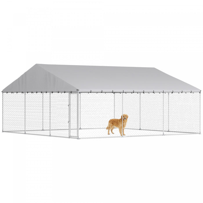PawHut Chenil Exterieur pour Chien avec Toit Impermeable et Resistant aux UV, Enclos en Acier Galvanise Robuste avec Verrou de Securite, pour Jardin, 19.7' x 19.7' x 8.9'