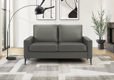 Upholstered Love Seat, 58" L, Dark Grey Leather-Look, Black Metal Legs, Modern Loveseat | Causeuse Rembourre, 58" L, Aspect Cuir Gris Fonce, Pieds En Metal Noir, Moderne