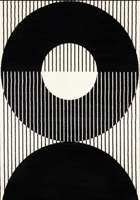 Florence rayures noires et blanches et cercles creux, design moderne, 4'7\" x 6'7\"