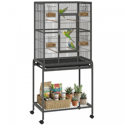 PawHut 56" Large Bird Cage, Rolling Metal Parrot Cage, Bird House with Detachable Rolling Stand, Storage Shelf, Wood Perch, Food Container, 25" x 17" x 56", Black