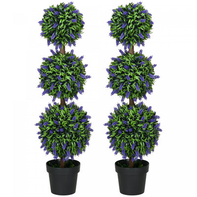 HOMCOM 3.5ft Set of 2 Potted Artificial Plant Ball Tree w/ Lavender Flowers