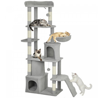 PawHut Cat Tree, 67" Large Cat Tower for Indoor Kittens Multi-Level with 7 Scratching Posts, Tunnel, 2 Plush Condos, Hammock, Perch, Ramp, Pompoms, Light Grey
