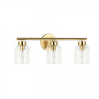 Lumière de coiffeuse Vienna de Dainolite en verre côtelé transparent, avec fini laiton vieilli et 3 ampoules incandescentes