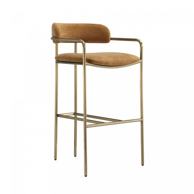 Serene Mid-Century Modern Metal Upholstered Barstool in Turmeric | Tabouret de bar en metal rembourre style mid-century moderne, coloris curcuma