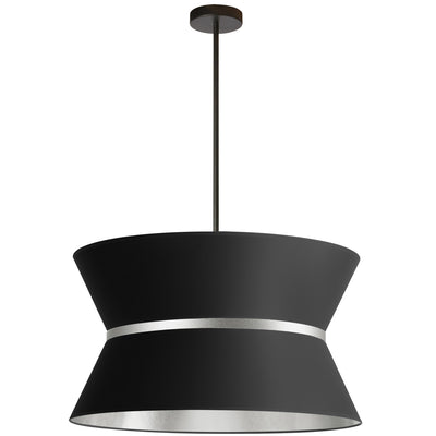 Dainolite Caterine 4 Light Pendant 24" Dia Matte Black Finish Silver Ring/Black Shade Lamp|Luminaire suspendu Caterine de Dainolite de 24 po de diamètre, avec abat-jour noir, anneau argenté, fini noir mat et 4 ampoules