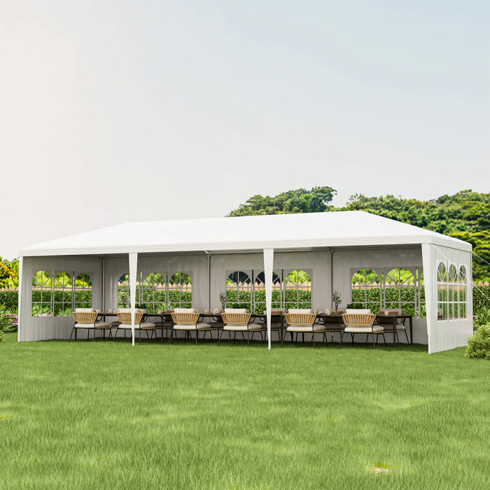 Tente De Reception 3x9x2,5m (h X I X L) Blanc Toile Impermeable Structure En Acier Galvanise Tonnelle Barnum 6 Fenetres 2 Portes Avec Zip