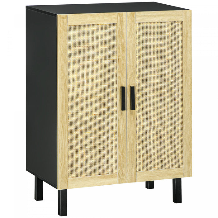 HOMCOM Buffet Boho avec portes en rotin, noir et naturel