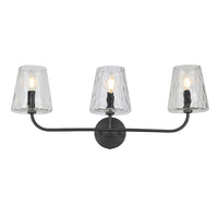 Lumière de coiffeuse Eleanor de Dainolite en verre martelé transparent, avec fini noir mat et 3 ampoules