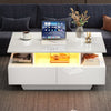 Lucas LED Coffee Table with Storage Drawers and Open Shelves,White | Lucas table basse LED – table basse avec tiroirs de rangement et etageres ouvertes, blanc