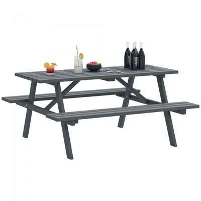 Outsunny Wood Picnic Table Set with Built-in Benches Umbrella Hole Grey