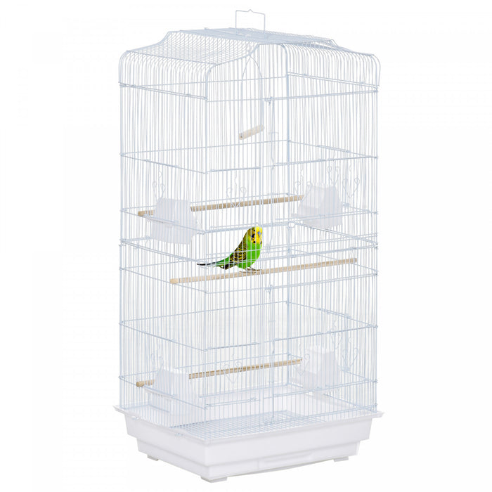 Pawhut 36\" Cage A Oiseaux Ara Maison De Jeu Cacatoes Perroquet Cage De Vol 2 Portes Perchoir 4 Mangeoire Fournitures Pour Animaux Blanc